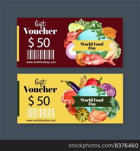 World food day voucher design with fish, bell pepper, broccoli, cabbage watercolor illustration.