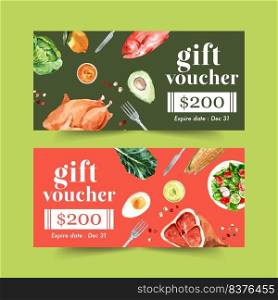 World food day voucher design with fish, chicken, egg, avocado, salad watercolor illustration.