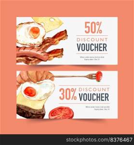 World food day voucher design with fried egg, croissant, sausage, bacon watercolor illustration.