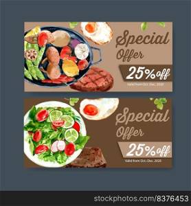 World food day voucher design with fried egg, salad, mushroom, beef steak watercolor illustration.