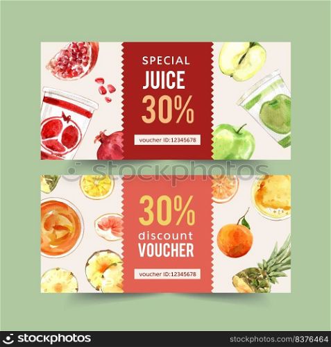 World food day voucher design with pomegranate, apple, orange watercolor illustration.