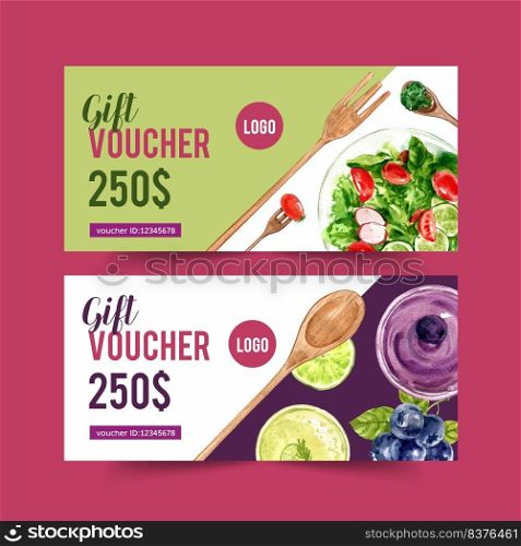 World food day voucher design with salad, blueberry dressing watercolor illustration.