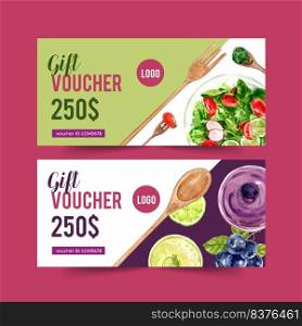 World food day voucher design with salad, blueberry dressing watercolor illustration.