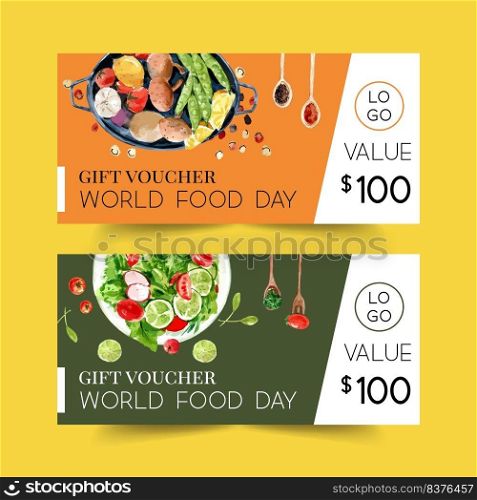 World food day voucher design with salad, mushroom, peas, cucumber watercolor illustration.