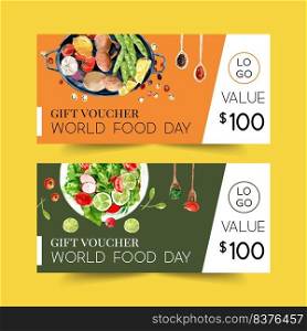 World food day voucher design with salad, mushroom, peas, cucumber watercolor illustration.