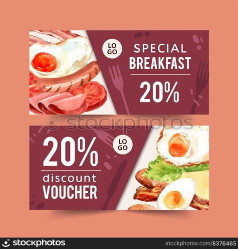 World food day voucher design with sausage, fried egg, ham, bacon watercolor illustration.