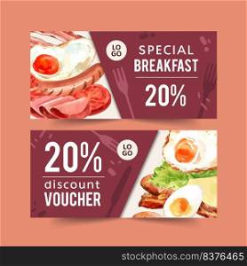 World food day voucher design with sausage, fried egg, ham, bacon watercolor illustration.