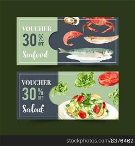 World food day voucher design with shrimp, fish, crab, butterhead, tomato watercolor illustration.