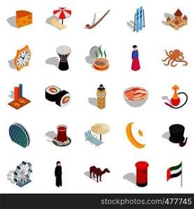 World food icons set. Isometric set of 25 world food vector icons for web isolated on white background. World food icons set, isometric style