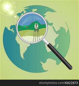 World geodetic system. Global geodetic work in the world. Vector illustration of surveying under a magnifying glass on the background of the globe.
