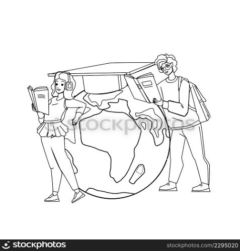 World Global Education Of Young Students Black Line Pencil Drawing Vector. Boy And Girl Teenagers Global Education, Remote Studying And Learning University Lecture. Characters International Study. World Global Education Of Young Students Vector