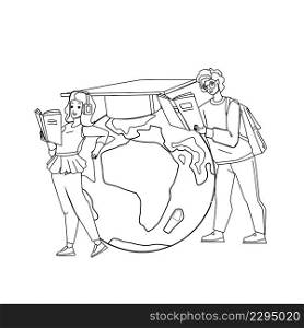 World Global Education Of Young Students Black Line Pencil Drawing Vector. Boy And Girl Teenagers Global Education, Remote Studying And Learning University Lecture. Characters International Study. World Global Education Of Young Students Vector