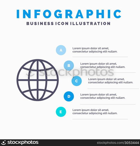 World, Globe, Internet, Design Line icon with 5 steps presentation infographics Background
