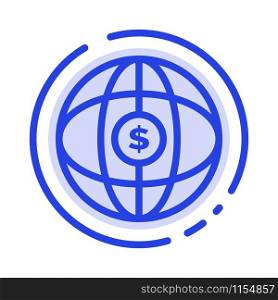 World, Globe, Internet, Dollar Blue Dotted Line Line Icon