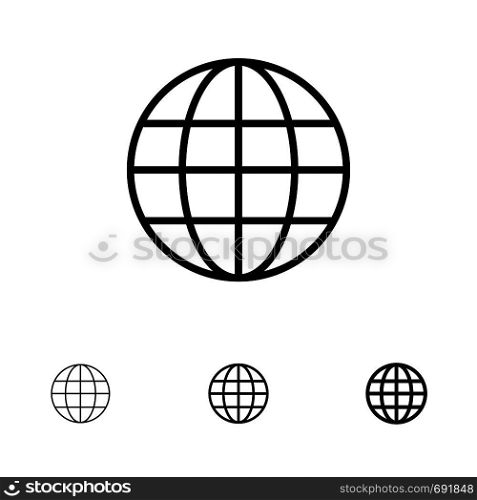 World, Globe, Map, Internet Bold and thin black line icon set