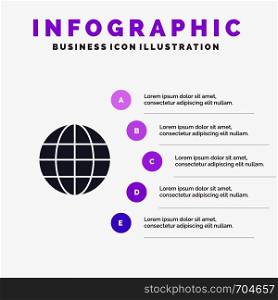 World, Globe, Map, Internet Solid Icon Infographics 5 Steps Presentation Background