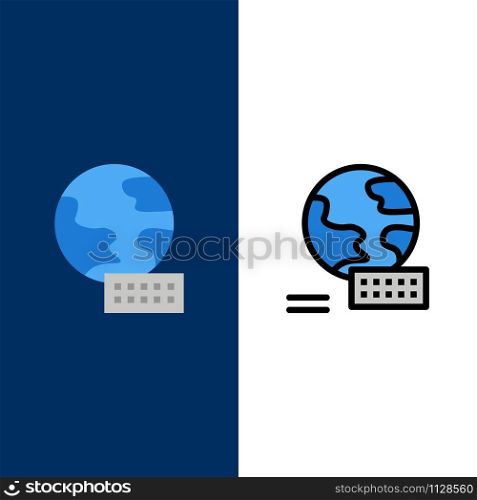 World, Globe, Marketing Icons. Flat and Line Filled Icon Set Vector Blue Background