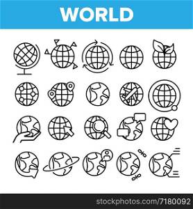 World, Globe, Planet Earth Vector Linear Icons Set. Traveling Around Planet, Chatting With Foreigners. Worldwide Web Outline, Lineart. World Travel, Rotation And Communication Thin Line Illustration. World, Globe, Planet Earth Vector Linear Icons Set