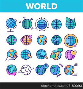 World, Globe, Planet Earth Vector Linear Icons Set. Traveling Around Planet, Chatting With Foreigners. Worldwide Web Outline, Lineart. World Travel, Rotation And Communication Thin Line Illustration. World, Globe, Planet Earth Vector Linear Icons Set