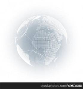 World globe with shadow on gray. Abstract global network connections, geometric design technology concept background. Chemistry pattern, molecule structure, connecting lines and dots.. World globe with shadow on gray. Abstract global network connections, geometric design technology concept background. Chemistry pattern, molecule structure, connecting lines and dots