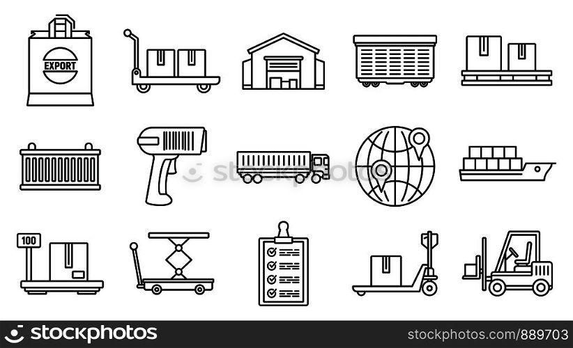 World goods export icons set. Outline set of world goods export vector icons for web design isolated on white background. World goods export icons set, outline style