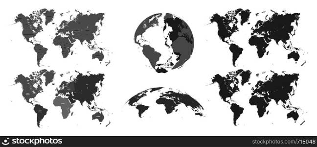 World gray maps. Map atlas, earth topography mapping silhouette. countries universe globe mapping boundaries location planet vector isolated symbols illustration set. World gray maps. Map atlas, earth topography mapping silhouette vector isolated illustration set