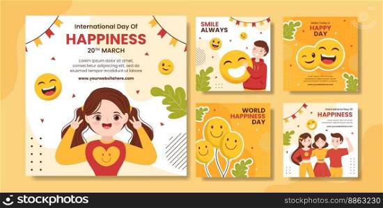 World Happiness Day Social Media Post with Smiling Face Flat Cartoon Hand Drawn Templates Illustration