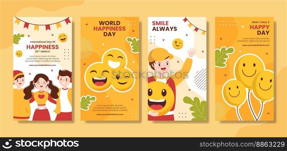 World Happiness Day Social Media Stories with Smiling Face Flat Cartoon Hand Drawn Templates Illustration