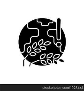 World harvest wilt black glyph icon. International starvation problem. Humanity disaster. Crop loss is possible due to climate changes. Silhouette symbol on white space. Vector isolated illustration. World harvest wilt black glyph icon