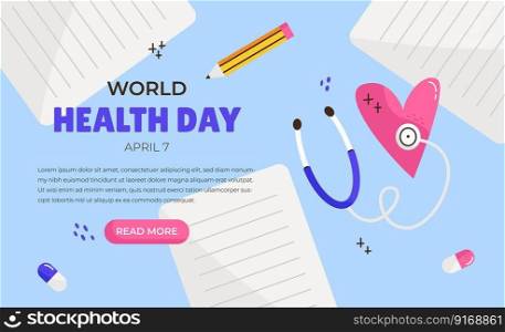 World hea<h day greeting card, illustration with stethoscope and heart. April 7. Flat vector illustration