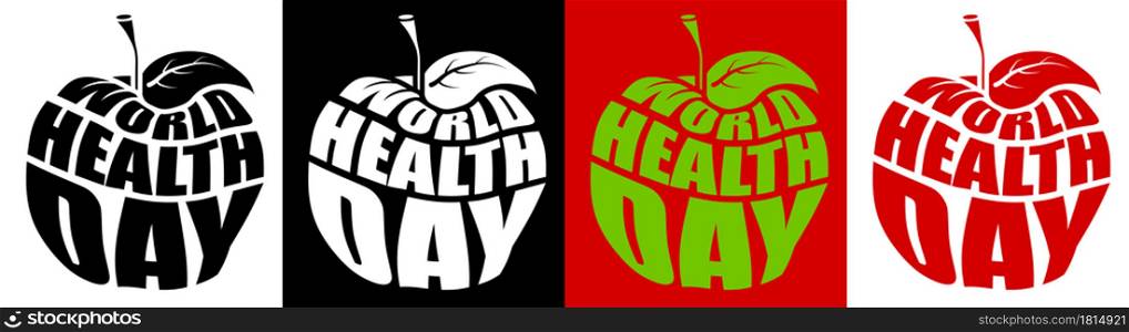 World health day decorative inscription in shape of apple. Lettering. Healthy lifestyle and vegetarianism. Vector