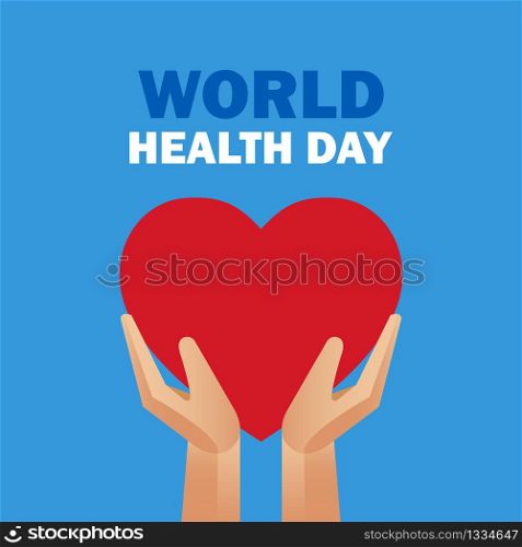 World Health Day. Hands holding a heart on a blue background. Health care. Vector illustration. EPS 10
