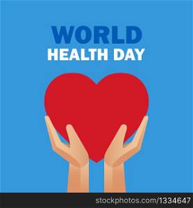World Health Day. Hands holding a heart on a blue background. Health care. Vector illustration. EPS 10