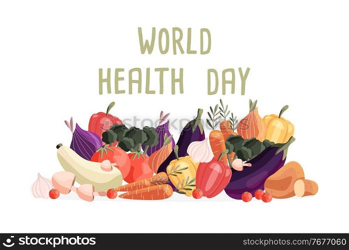 World health day horizontal poster template with collection of fresh organic vegetables. Colorful hand drawn illustration on white background. Vegetarian and vegan food. 
