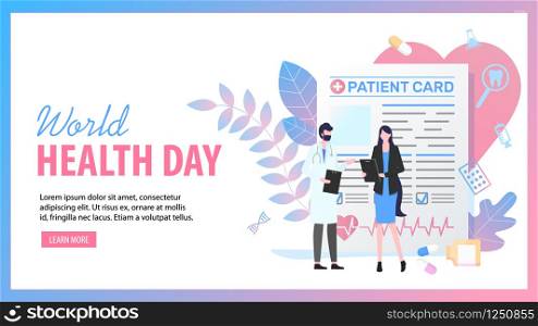 World Health Day Vector Illustration. Female Patient Card Man Doctor Medical Diagnosis Discussion with Woman. Global Holiday Mental Health Protection Awareness Heart Blood Cancer Check. World Health Day Female Patient Card Man Doctor