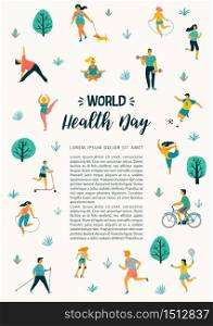 World Health Day. Vector illustration of people leading an active healthy lifestyle. Design element.. World Health Day. Vector illustration of people leading an active healthy lifestyle.
