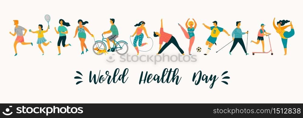 World Health Day. Vector illustration of people leading an active healthy lifestyle. Design element.. World Health Day. Vector illustration of people leading an active healthy lifestyle.