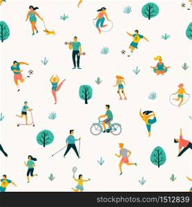 World Health Day. Vector seamless pattern with people leading an active healthy lifestyle. Design element.. World Health Day. Vector seamless pattern with people leading an active healthy lifestyle.