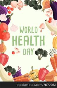 World health day vertical poster template with collection of fresh organic vegetables. Colorful hand drawn illustration on light green background. Vegetarian and vegan food. 