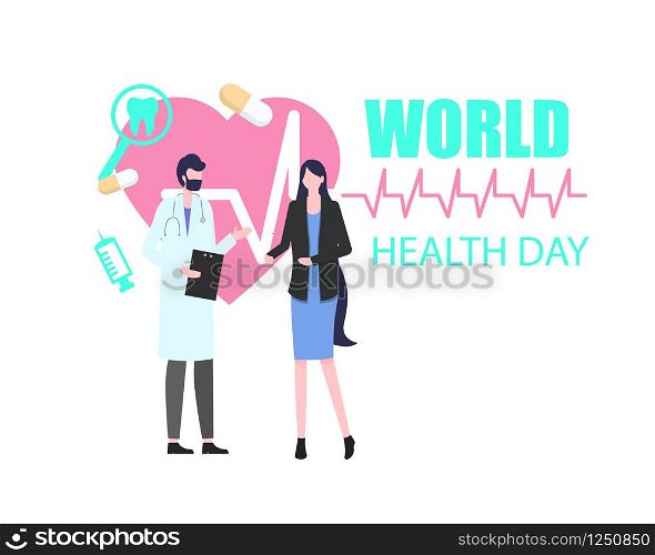 World Health Day Woman Patient with Man Doctor Vector Illustration. Global April Holiday Card Cardiac Disease Heart Care Pulse Heartbeat Check Medicine Treatment Medical Consultation. World Health Day Woman Patient with Man Doctor