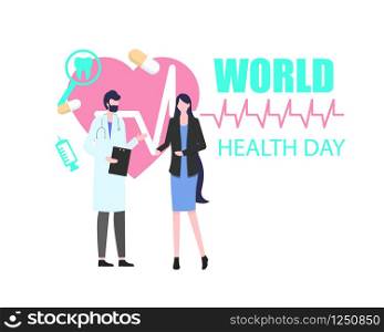 World Health Day Woman Patient with Man Doctor Vector Illustration. Global April Holiday Card Cardiac Disease Heart Care Pulse Heartbeat Check Medicine Treatment Medical Consultation. World Health Day Woman Patient with Man Doctor