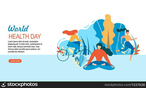 World Health Day. Woman Sport Training Outdoors Vector Illustration. Cartoon Girl Female Group Cycling. Running. Ride Bicycle. Meditation Yoga Sport Exersice. Nature Recreation Body Care. World Health Day Woman Sport Training Outdoors