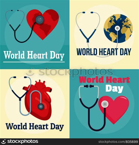 World Heart Day core world doctor medical banner concept set. Flat illustration of 4 World Heart Day core world doctor medical vector banner concepts for web. World Heart Day world banner set, flat style