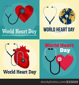 World Heart Day core world doctor medical banner concept set. Flat illustration of 4 World Heart Day core world doctor medical vector banner concepts for web. World Heart Day world banner set, flat style