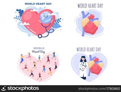 World Heart Day Illustration To Make People Aware The Importance Of Health, Care And Prevention Various Diseases. Flat Design Background Template