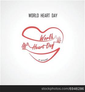 World Heart Day typographical design elements and Red heart shape with hand embrace.Hugs and Love yourself sign.Health and Heart Care icon.Happy valentines day concept.Healthcare & medical concept.Vector illustration