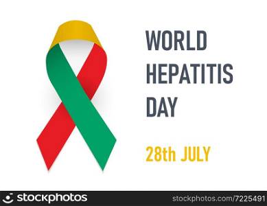 World hepatitis day. Red, yellow and jade green ribbon as symbol hepatitis A,B,C awareness. Vector illustration on white background. World hepatitis day. Red, yellow and jade green ribbon as symbol hepatitis A,B,C awareness.