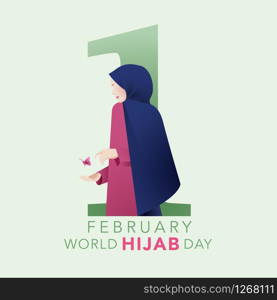 World Hijab day on february 1 international day celebration and greeting vector design. Pink hijab muslim women headcover blend with dark blue number 1 above the word ?Febuary?. Meaning is euphemistic