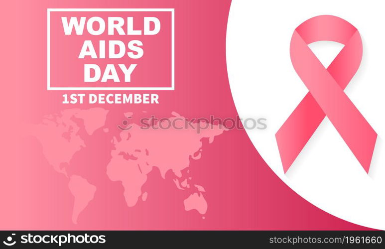 World HIV AIDS day 1 december. World map, ribbon and text isolated on red background. Vector banner with earth planet map and ribbon. Vector illustration.. World HIV AIDS day 1 december. World map, ribbon and text isolated on red background.
