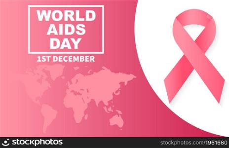 World HIV AIDS day 1 december. World map, ribbon and text isolated on red background. Vector banner with earth planet map and ribbon. Vector illustration.. World HIV AIDS day 1 december. World map, ribbon and text isolated on red background.